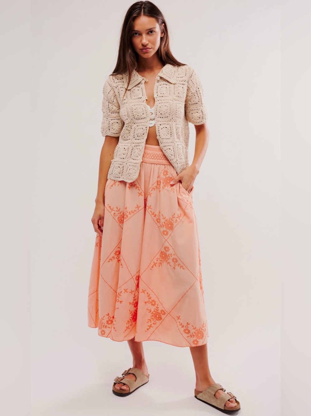 New Free People Waverly Pants Sun Blush Embroidered Beach Culotte XL Summer NWT - Picture 3 of 8